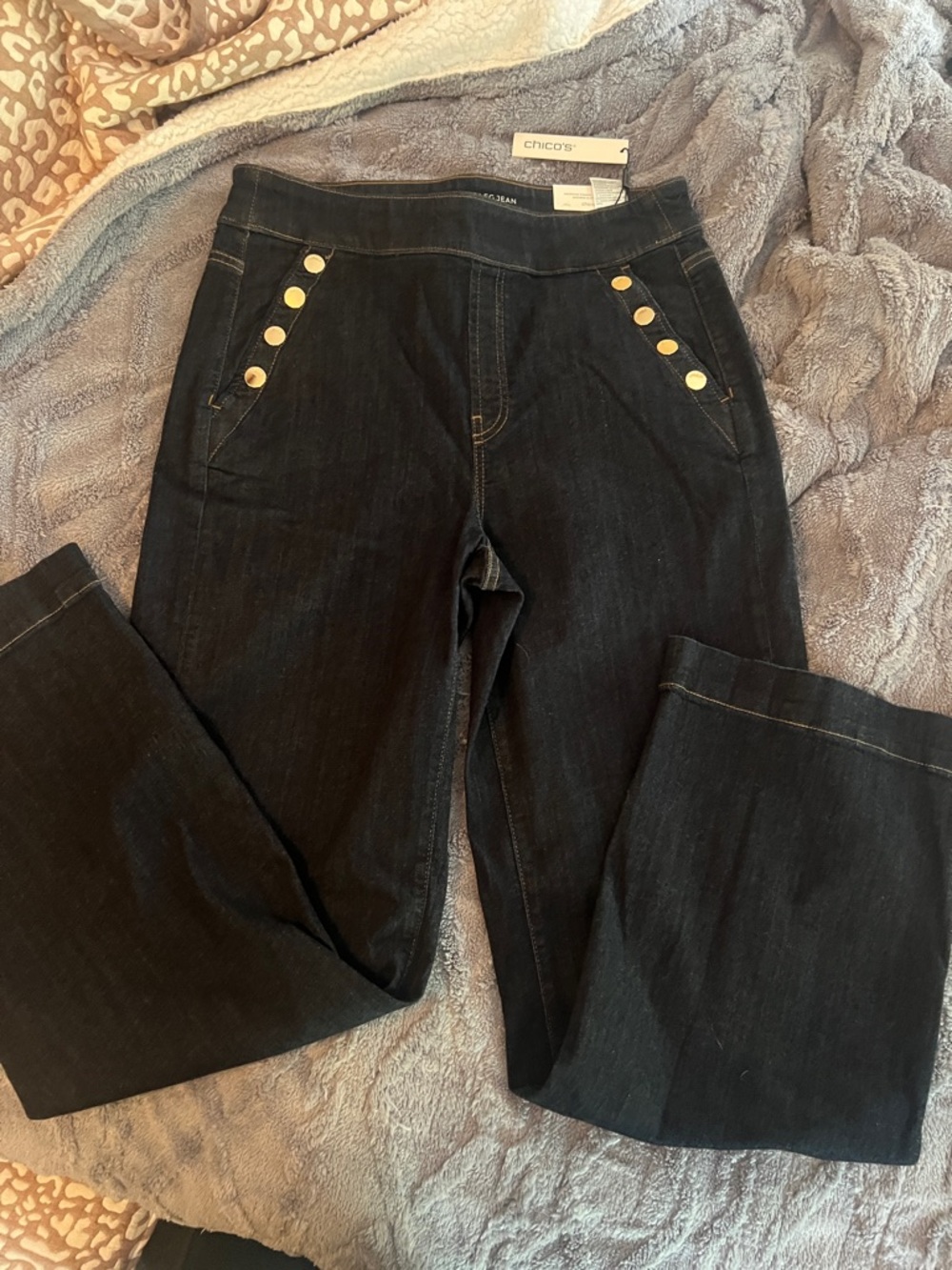 Chico's Black Denim Pants with Gold Button Trim